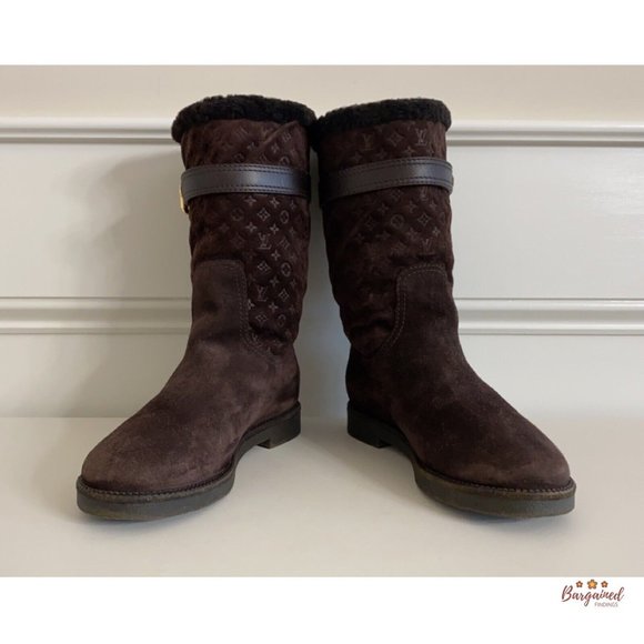 Authentic LOUIS VUITTON Dark Brown Suede Shearling Monogram Boots Size 36/6 - Picture 10 of 15